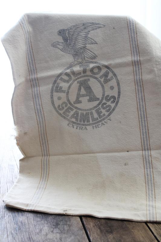 photo of vintage cotton grain sack, blue / brown stripe feed bag primitive antique fabric #1