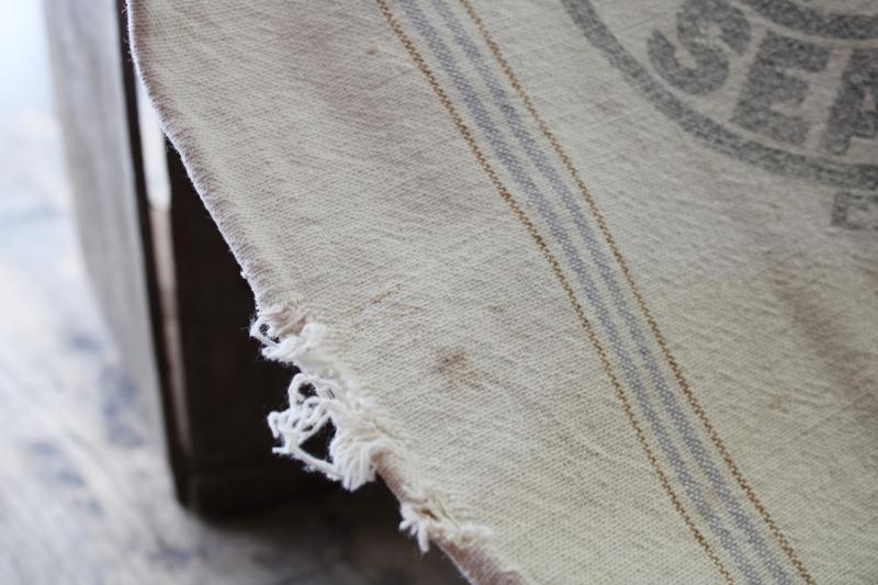 photo of vintage cotton grain sack, blue / brown stripe feed bag primitive antique fabric #2