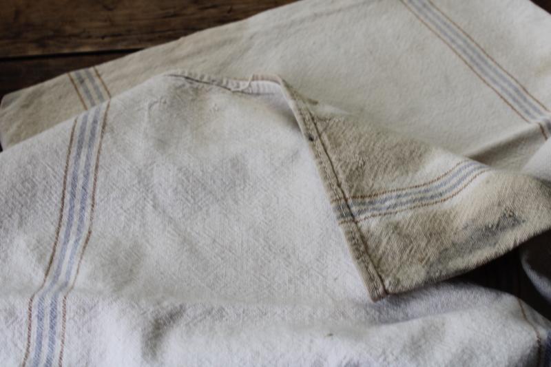 photo of vintage cotton grain sack, blue / brown stripe feed bag primitive antique fabric #5