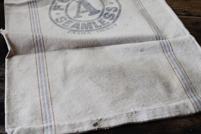 photo of vintage cotton grain sack, blue / brown stripe feed bag primitive antique fabric #6