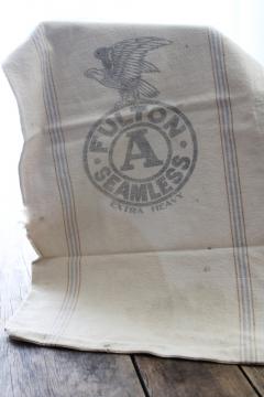 catalog photo of vintage cotton grain sack, blue / brown stripe feed bag primitive antique fabric