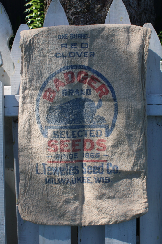 photo of vintage cotton grain sack farm seed bag w/ old Wisconsin Badger advertising graphics #1