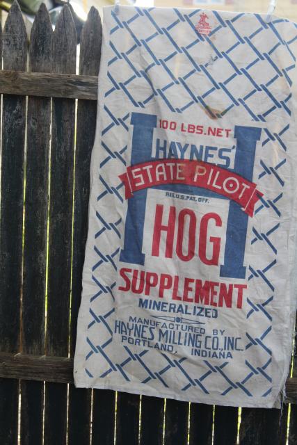 photo of vintage cotton grain sack, old red blue graphics chicken wire print hog feed advertising #1