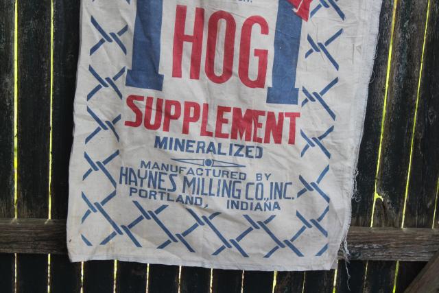 photo of vintage cotton grain sack, old red blue graphics chicken wire print hog feed advertising #2