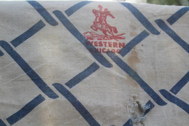 photo of vintage cotton grain sack, old red blue graphics chicken wire print hog feed advertising #3