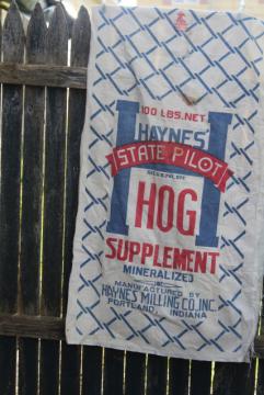 catalog photo of vintage cotton grain sack, old red blue graphics chicken wire print hog feed advertising