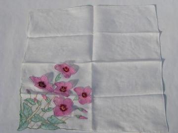 catalog photo of vintage cotton hankie, sheer organza flowers