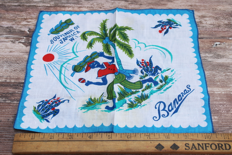 photo of vintage cotton hanky souvenir of Jamaica Caribbean cruise, banana picking print folk art #1