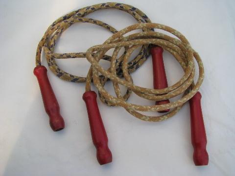 photo of vintage cotton jump ropes w/ red wood handles, old skipping rope lot #1