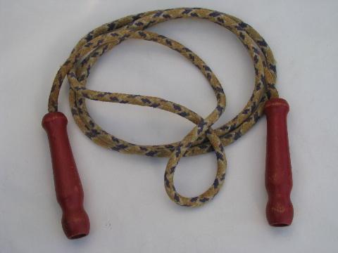 photo of vintage cotton jump ropes w/ red wood handles, old skipping rope lot #2