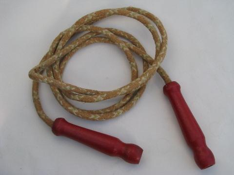 photo of vintage cotton jump ropes w/ red wood handles, old skipping rope lot #3