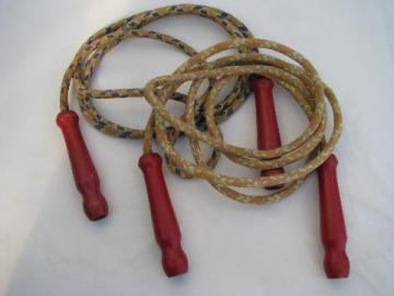 catalog photo of vintage cotton jump ropes w/ red wood handles, old skipping rope lot