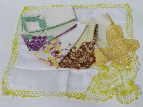 photo of vintage cotton & linen hankies w/ crocheted lace butterflies & canary #1