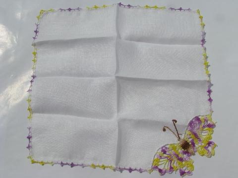 photo of vintage cotton & linen hankies w/ crocheted lace butterflies & canary #4