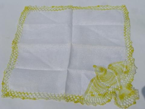 photo of vintage cotton & linen hankies w/ crocheted lace butterflies & canary #7