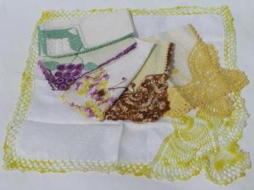 catalog photo of vintage cotton & linen hankies w/ crocheted lace butterflies & canary