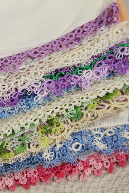 photo of vintage cotton linen hankies, handkerchiefs w/ handmade lace tatting, tatted edging #1