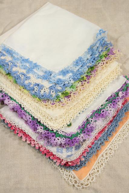 photo of vintage cotton linen hankies, handkerchiefs w/ handmade lace tatting, tatted edging #3