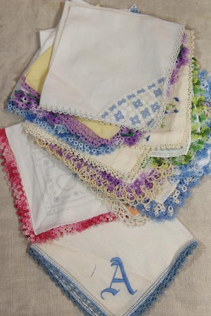 photo of vintage cotton linen hankies, handkerchiefs w/ handmade lace tatting, tatted edging #4