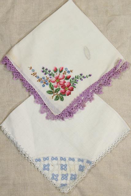 photo of vintage cotton linen hankies, handkerchiefs w/ handmade lace tatting, tatted edging #6