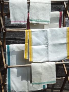 catalog photo of vintage cotton & linen kitchen towels, retro colored band dishtowels lot