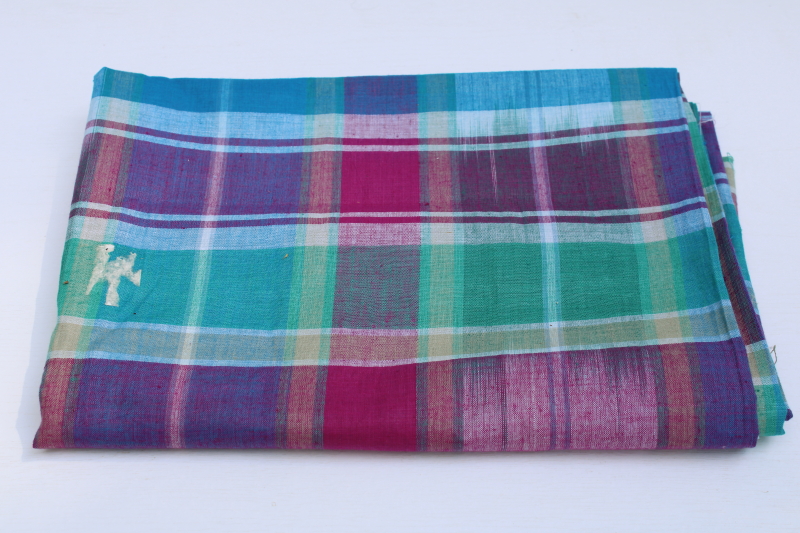 photo of vintage cotton madras fabric, soft light tropical weight shirting teal, plum, aqua plaid #1
