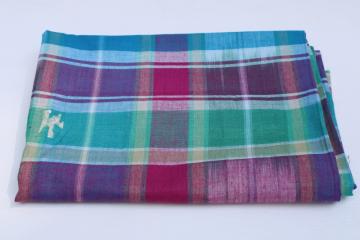 vintage cotton madras fabric, soft light tropical weight shirting teal, plum, aqua plaid 