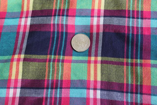 photo of vintage cotton madras plaid fabric 5 yards pink green navy blue yellow #1