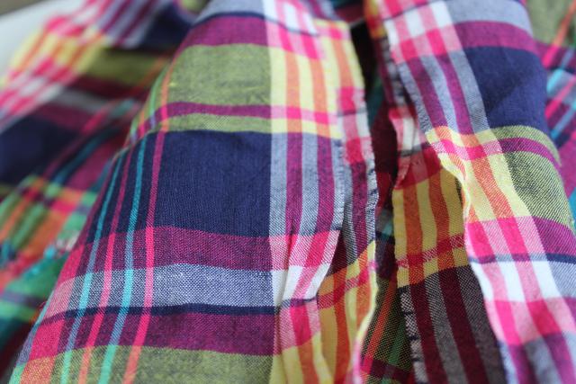 photo of vintage cotton madras plaid fabric 5 yards pink green navy blue yellow #3