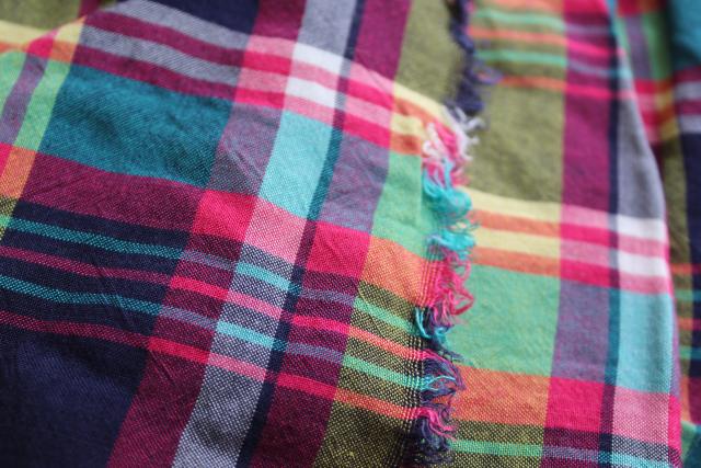 photo of vintage cotton madras plaid fabric 5 yards pink green navy blue yellow #4