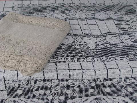 photo of vintage cotton needle lace tablecloths, old roses and wide border on net #1