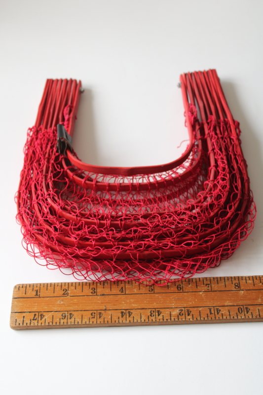 photo of vintage cotton net bamboo market basket, summer beach tote folding travel bag fits in pocket or purse  #4