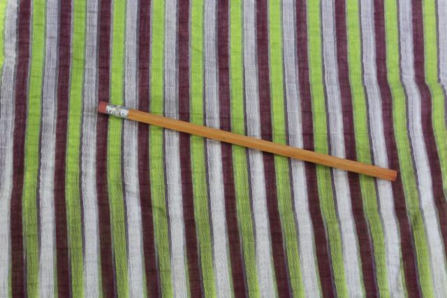 photo of vintage cotton organdy, crinkle sheer fabric w/ horizontal stripe chocolate & lime green #1