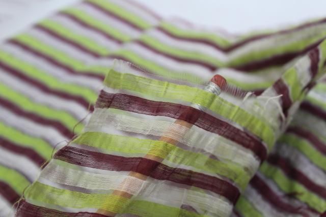 photo of vintage cotton organdy, crinkle sheer fabric w/ horizontal stripe chocolate & lime green #2