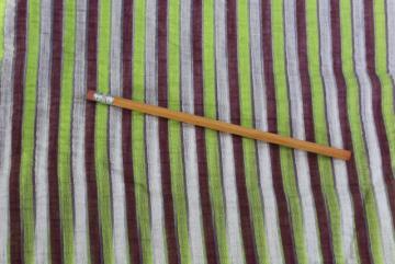 catalog photo of vintage cotton organdy, crinkle sheer fabric w/ horizontal stripe chocolate & lime green