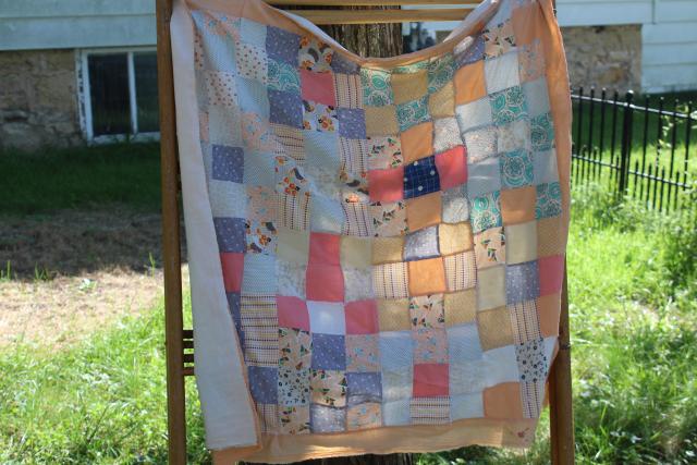 photo of vintage cotton patchwork large square sham or tiny quilt, romantic country shabby cottage chic #1