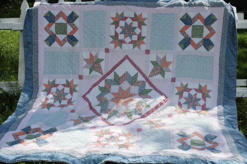 photo of vintage cotton patchwork quilt, hand stitched soft blue, green, peach prints #1