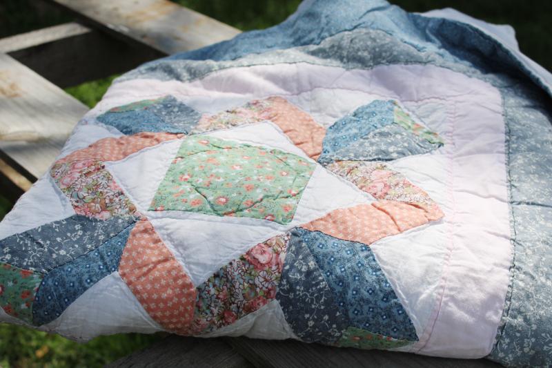 photo of vintage cotton patchwork quilt, hand stitched soft blue, green, peach prints #3