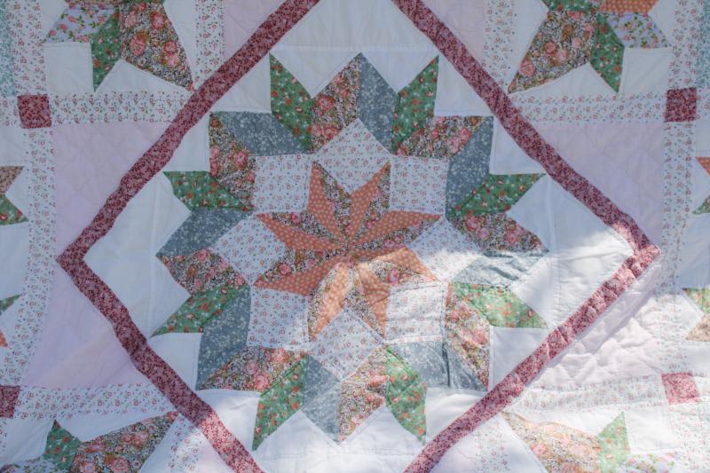 photo of vintage cotton patchwork quilt, hand stitched soft blue, green, peach prints #4