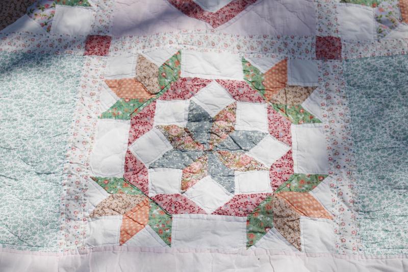 photo of vintage cotton patchwork quilt, hand stitched soft blue, green, peach prints #5