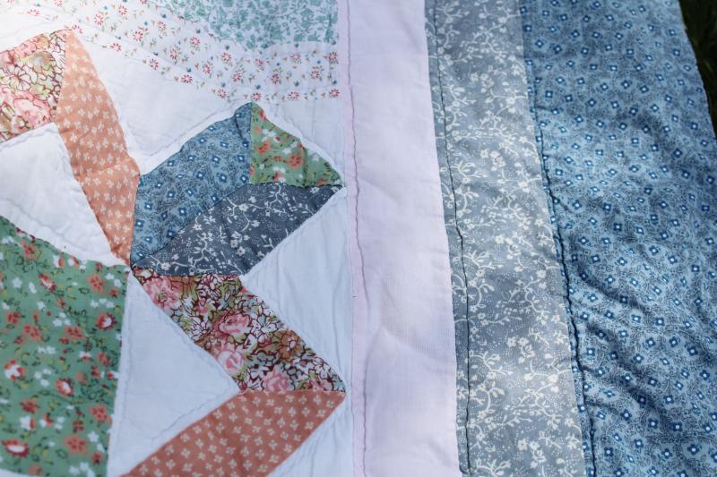 photo of vintage cotton patchwork quilt, hand stitched soft blue, green, peach prints #8