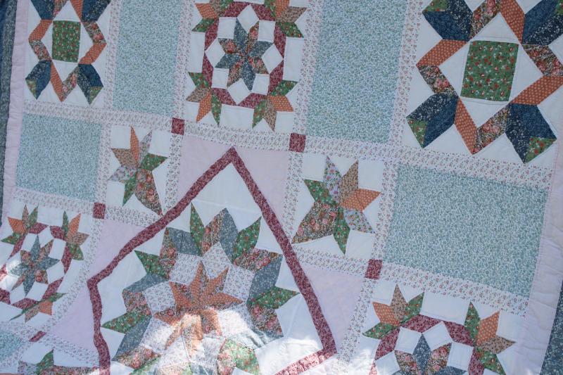 photo of vintage cotton patchwork quilt, hand stitched soft blue, green, peach prints #9