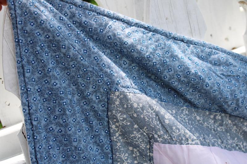 photo of vintage cotton patchwork quilt, hand stitched soft blue, green, peach prints #10