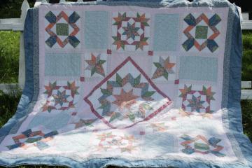 catalog photo of vintage cotton patchwork quilt, hand stitched soft blue, green, peach prints