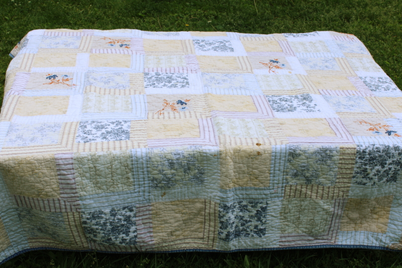 photo of vintage cotton patchwork quilt soft blue & yellow, stripes & prints Liz Claiborne Home  #1