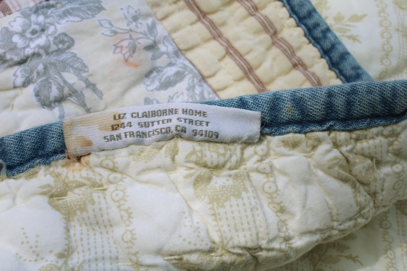 photo of vintage cotton patchwork quilt soft blue & yellow, stripes & prints Liz Claiborne Home  #6