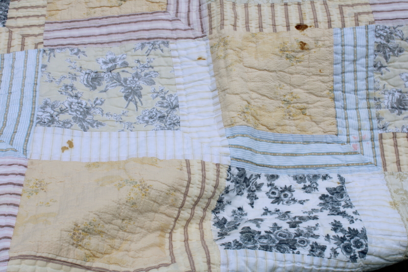 photo of vintage cotton patchwork quilt soft blue & yellow, stripes & prints Liz Claiborne Home  #7