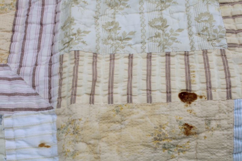 photo of vintage cotton patchwork quilt soft blue & yellow, stripes & prints Liz Claiborne Home  #8