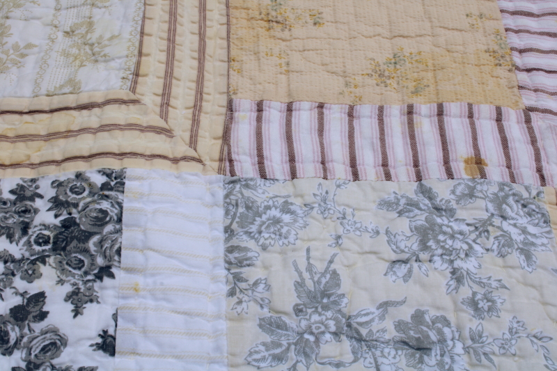 photo of vintage cotton patchwork quilt soft blue & yellow, stripes & prints Liz Claiborne Home  #9