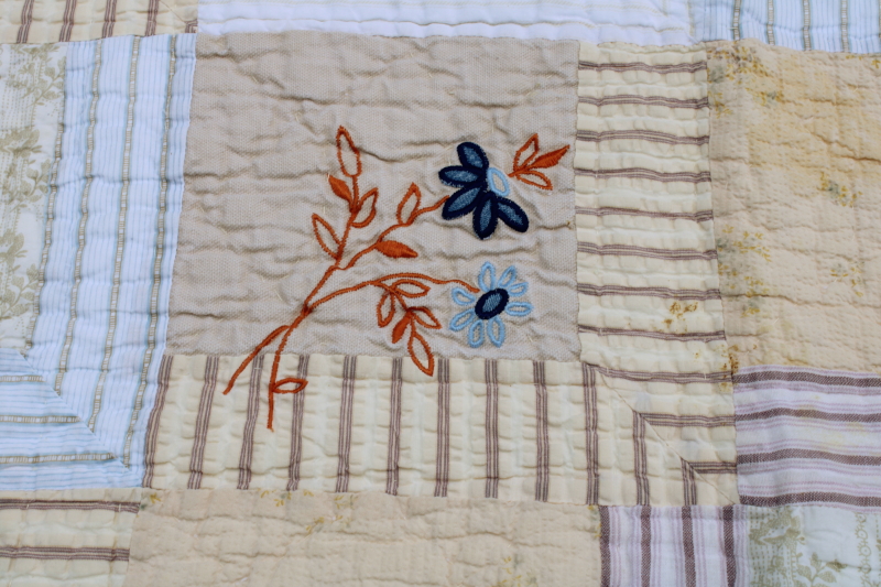 photo of vintage cotton patchwork quilt soft blue & yellow, stripes & prints Liz Claiborne Home  #10